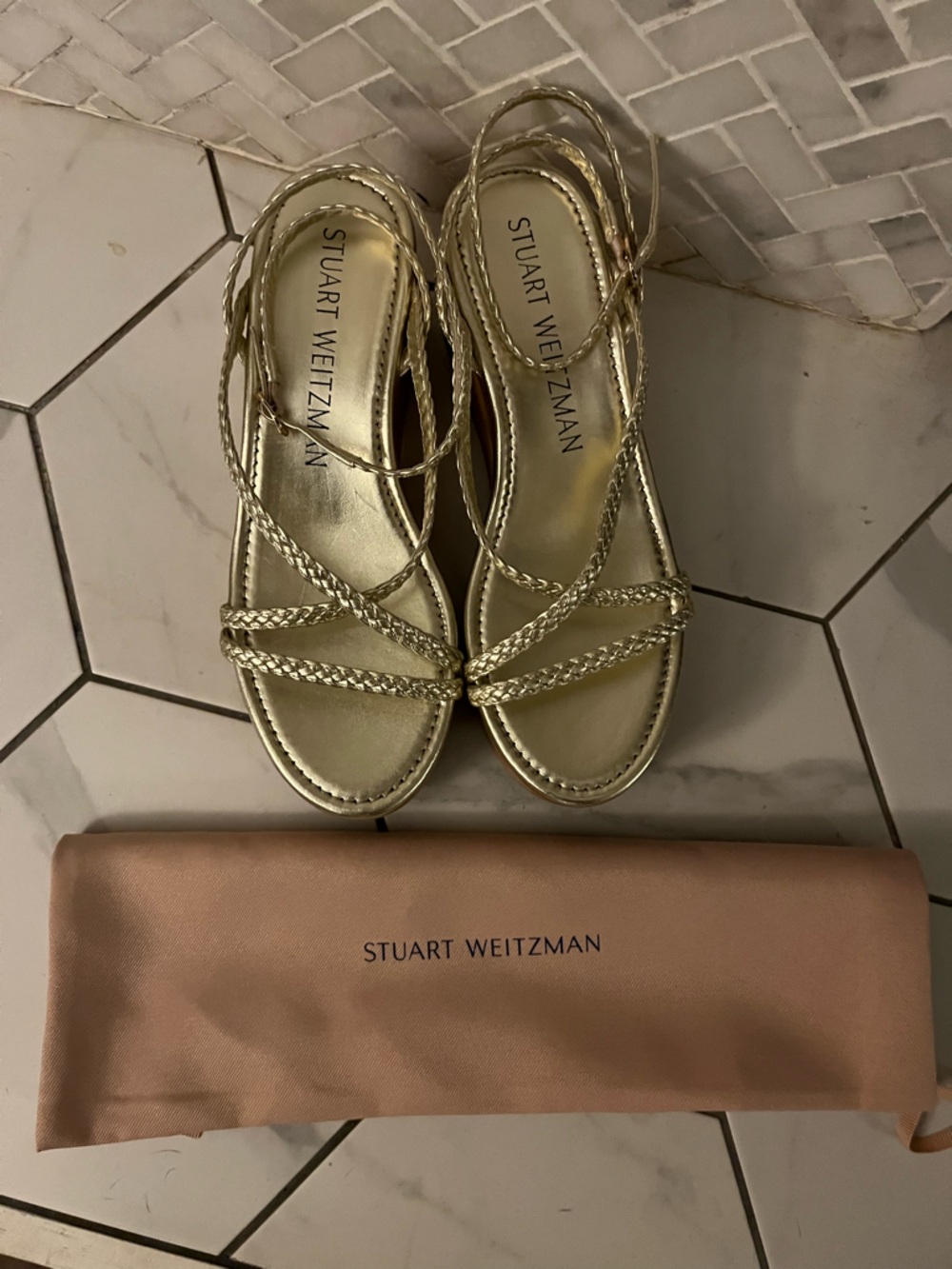 Stuart Weitzman Metallic Gold Braided Strap Sandals